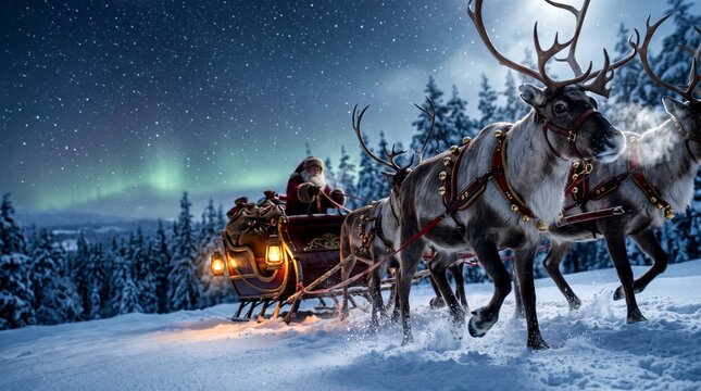 Cinematic Santa Claus riding reindeer sleigh through snowy pine forest under aurora borealis and starry night sky with glowing lanterns