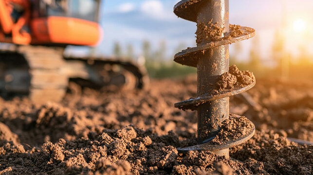 Heavy machinery auger drilling into brown soil field