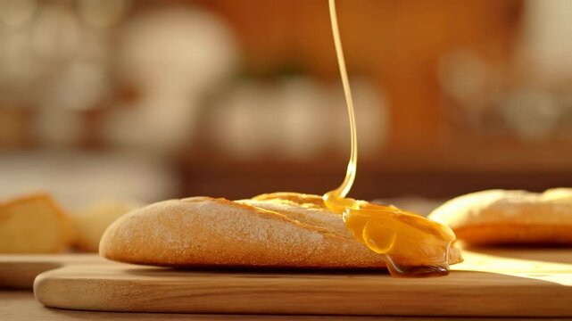 Golden syrup pours onto flour-dusted bread and flows over its right edge on wooden cutting board, with warm side lighting, glossy amber coating and softly blurred indoor background