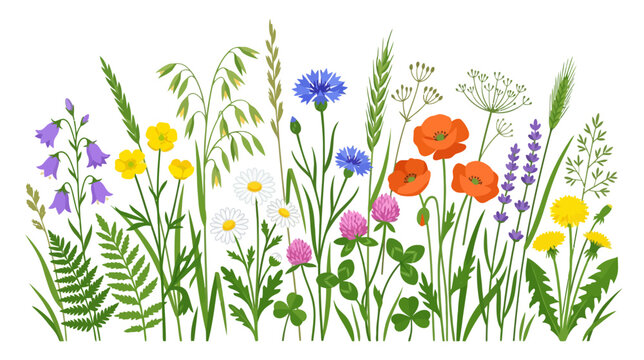 Wildflowers Meadow Border: Poppies, Cornflowers, Daisies, Lavender, Ferns