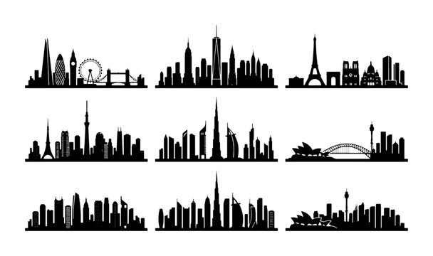 City skylines silhouettes set with famous landmarks, urban architecture for travel and business logos