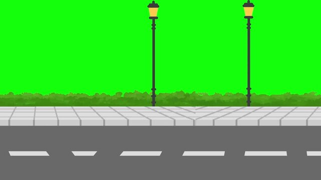 Animated City Street Road Sidewalk With Street Lights Moving Side Loop Background On Green Screen