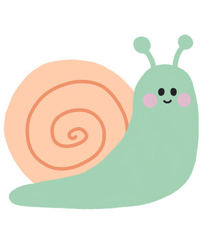 Adorable hand drawn snail character in soft pastel colors, with a smiling face, pink cheeks, antennae and a coral spiral shell. Flat design on a clean isolated background, ideal for kids&rsquo; content.