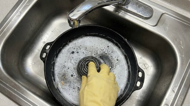 Dirty slow cooker pot soaking in a stainless steel kitchen sink with soapy water