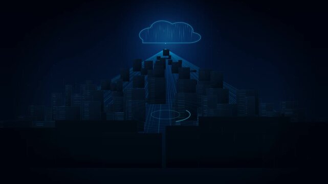 Cloud computing digital network city background video animation featuring glowing futuristic data streams and communication lines