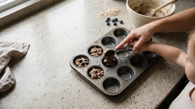 Adult and child fill a mini muffin tray together