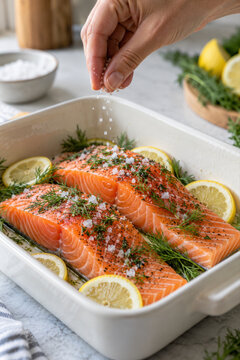 Frische Lachsfilets mit Dill und Zitrone &ndash; Eine Hand streut grobes Salz &uuml;ber rohe Lachsportionen in einer wei&szlig;en Auflaufform. Zitronenscheiben und frische Kr&auml;uter erg&auml;nzen die Zutaten.