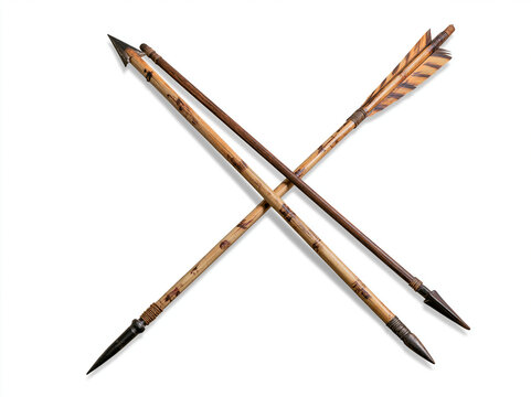 Crossed wooden arrows with metal tips on white