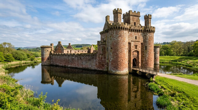 Historic Scottish Castle with Moat and Wooden Bridge