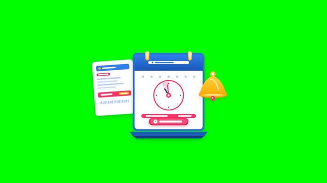 Desk calendar marking payment deadline while golden notification bell rings due date alert in vector animation.