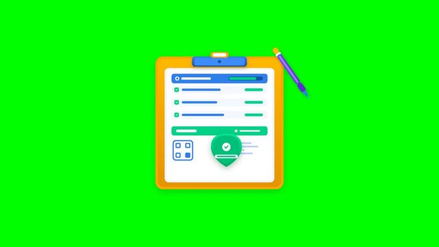 Accounting clipboard auditing invoice fields with stylus and stamping certified compliance seal in vector animation.