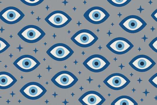 Blue evil eye symbol with star icon on gray background, flat design concept for protection and luck