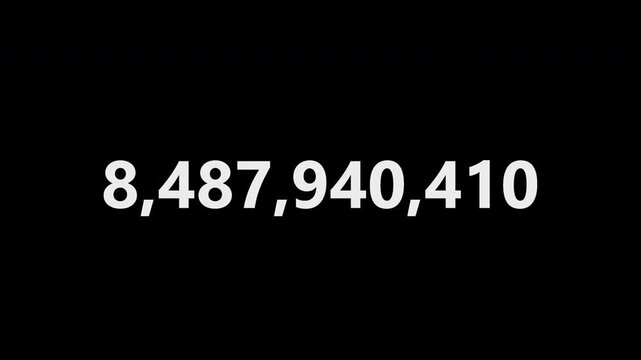 Animated number counter counting from 0 to 10 billion (10B) with bold white digits on a transparent background with alpha channel. Ideal for revenue, valuation, population, market cap and big-number