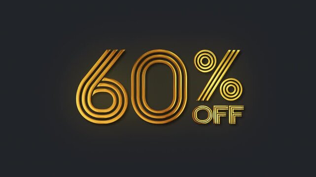 Golden 60 percent off discount sign with glowing art deco style animation, 4K loop with alpha channel, retail promotion, and clearance events	