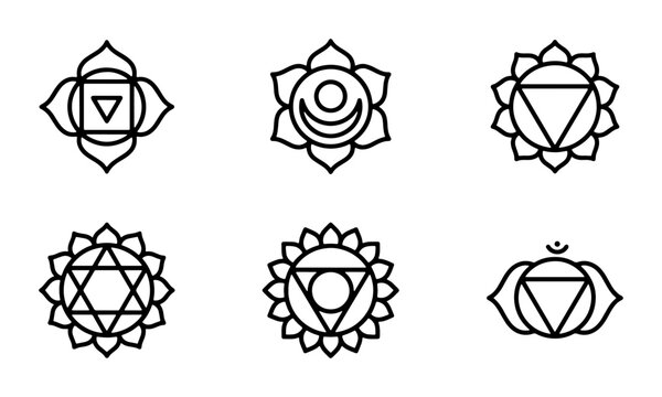 Chakra icons set with root, sacral, solar plexus, heart, throat, third eye and crown chakras for yoga and meditation