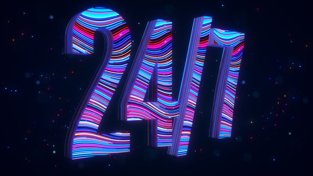 Futuristic 3D 24 per 7 typography with blue and purple flowing light trails, glowing particles, sparkles, and bokeh representing continuous service on a dark digital background.