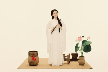 Young Woman in Traditional Chinese Clothing Holding a Flute with Lotus and Pottery © CaoBaoTran