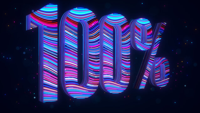Futuristic 3D 100 percent number with blue and purple flowing light trails, glowing particles, sparkles, and bokeh against a dark digital background.