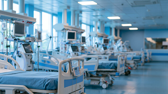 Empty hospital ward with beds and medical equipment