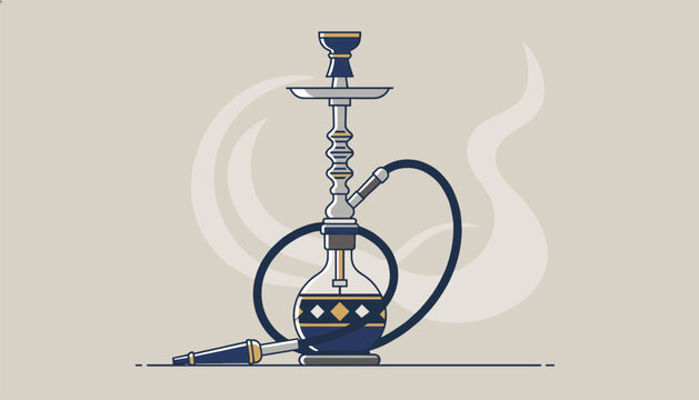 Detailed artistic vector illustration of a modern hookah shisha pipe with elegant smoke swirls in the background.