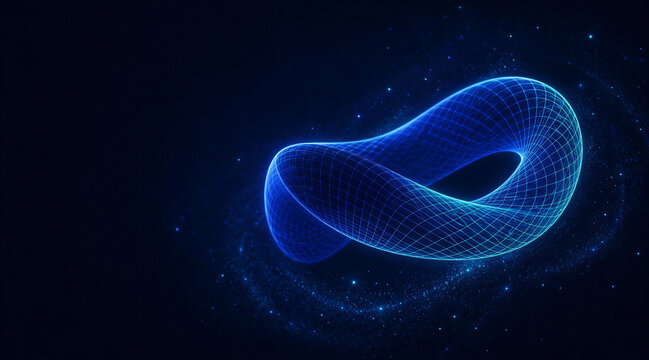 Glowing blue wireframe infinity loop with copy space, Futuristic neon torus knot surrounded by glowing particles, Abstract 3D mathematical mobius strip in dark space