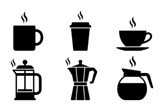 Coffee maker silhouettes set with mug, cup, and take away container for cafe and restaurant logos