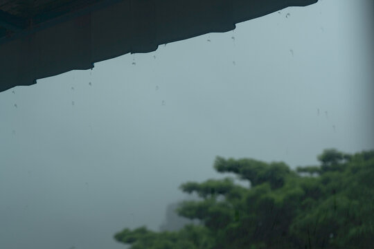 Raindrops Falling from Roof Edge with Blue Gray Sky Copy Space and Blurry Green Trees in Background