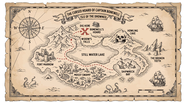 Pirate treasure map skull cave island engraving vector illustration