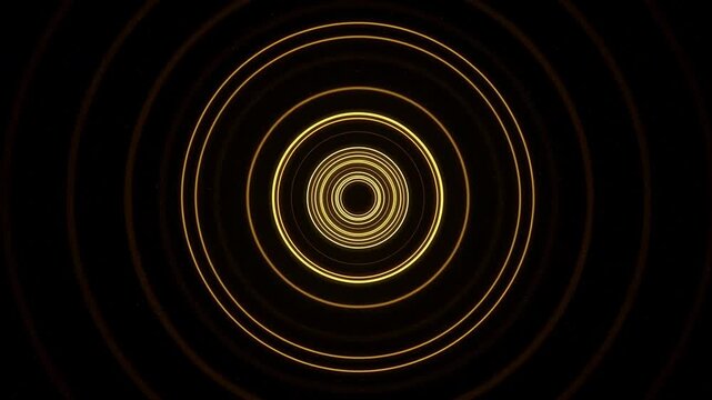 Concentric golden light rings shift in size and spacing around dark central circle against black background, forming glowing tunnel pattern with warm amber outlines and symmetrical composition
