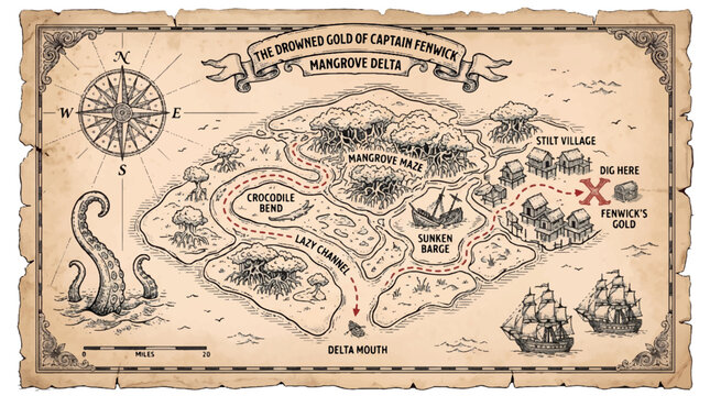 Pirate treasure map mangrove delta engraving vector illustration