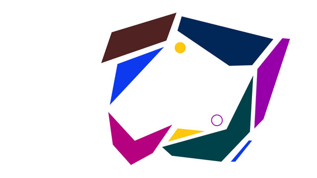 Abstract composition featuring irregular polygon shapes and small circles in a vibrant multi-colored palette, ideal for contemporary artistic graphic designs.
