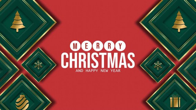 4K luxury 3D loop: gold metallic Christmas tree, snowflake, bauble and gift in green diamond frames on red with Merry Christmas text. Ideal for elegant holiday event screens, promos and ads.