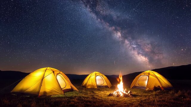 Glowing yellow tents arranged around a crackling campfire under the Milky Way. Panning shot of a mountain campsite at night.