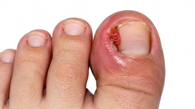 Close up of inflamed big toe with infected ingrown toenail showing redness swelling and granulation tissue around nail edge isolated on white background