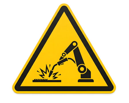 Robotic Arm Welding Warning Sign Yellow Triangular Industrial Caution