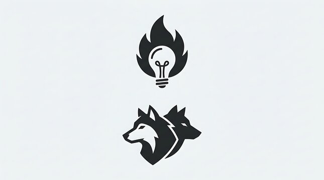 Creative black vector icons featuring a burning lightbulb and fierce wolf heads for branding projects