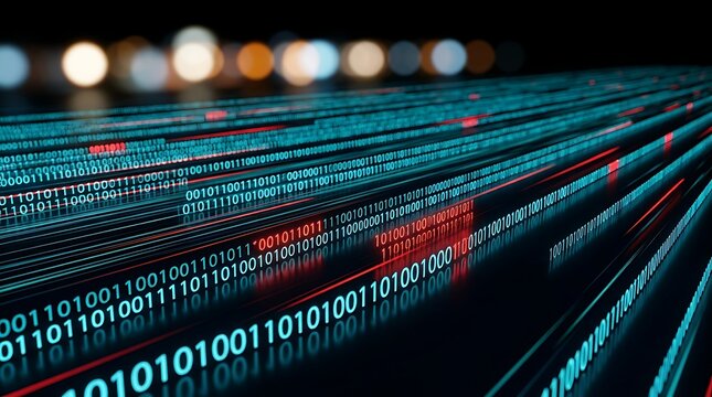 Binary code streams with glowing red highlights moving fast through digital data highway representing online information transfer and cybersecurity threats.