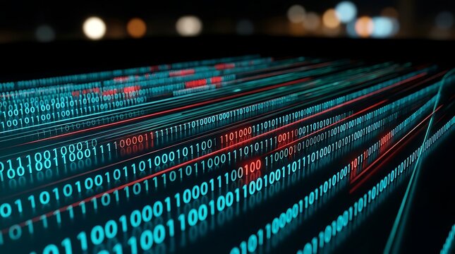 Binary code streams with glowing red highlights moving fast through digital data highway representing online information transfer and cybersecurity threats.