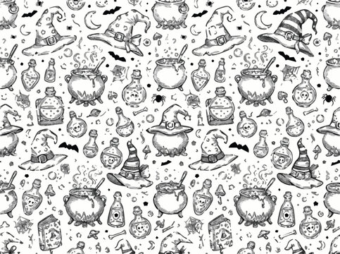 Seamless pattern with hand drawn Halloween magic elements, witch hats, cauldrons and potion bottles on white background