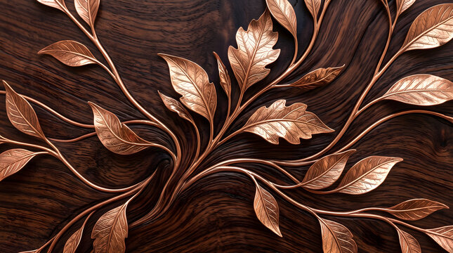 Wood growing metallic copper leaves organic impossible texture