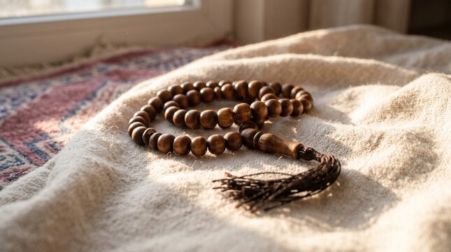 Wooden Tasbih in Gentle Sunlight