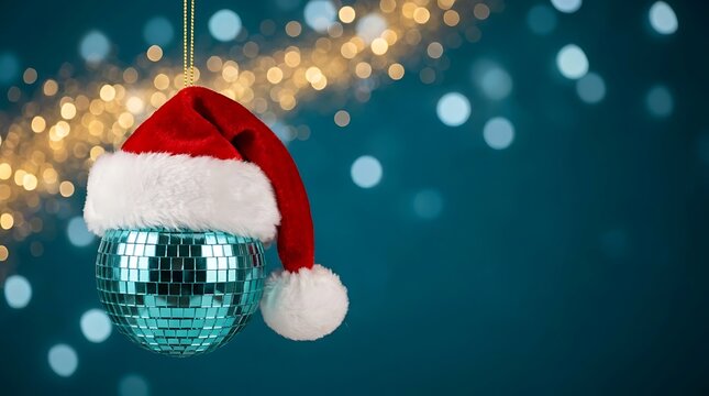 Shiny turquoise disco ball wearing red Santa hat hanging against dark blue background with festive golden bokeh lights representing Christmas party celebration.