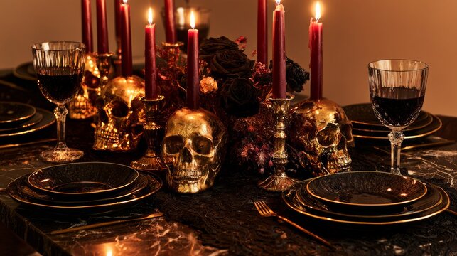 Gothic glam Halloween tablescape with black plates, red taper candles, wine glasses, roses, and decorative skulls arranged on a dark dining table