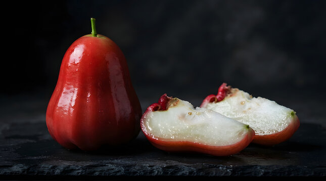 Fresh red wax apple fruit with sliced pieces on a dark textured background, tropical water apple