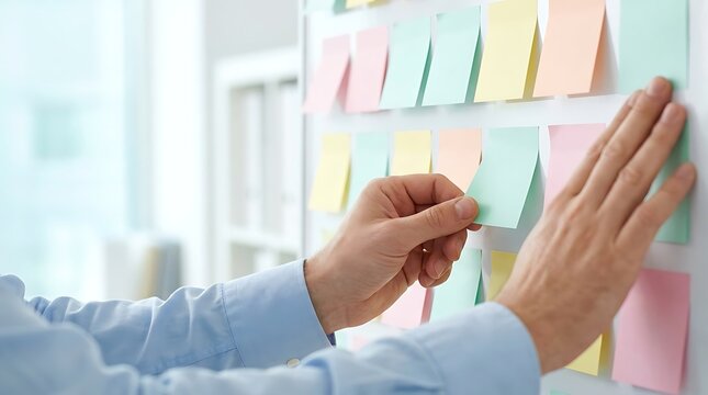 Businessman holding pale green sticky note with hand on whiteboard while working on project planning and agile task management strategy in bright corporate office.