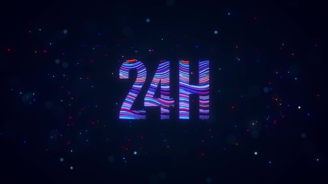 Rotating 3D 24H typography with blue and purple flowing light trails, glowing particles, sparkles, and bokeh against a dark futuristic digital background.