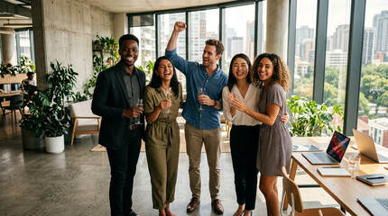 Plakat Happy diverse business team celebrating success in modern office with city view