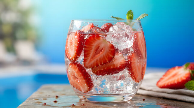 Refreshing summer strawberry infused water cocktail with ice cubes and mint garnish by a swimming pool outdoors