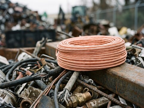 Coiled shiny copper wire sitting on top of a pile of mixed industrial scrap metal and discarded cables at a recycling yard, highlighting metal recovery and waste management