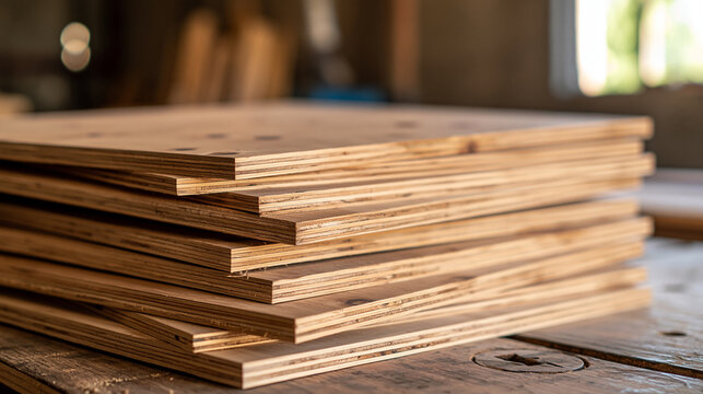 Stack of plywood sheets in workshop